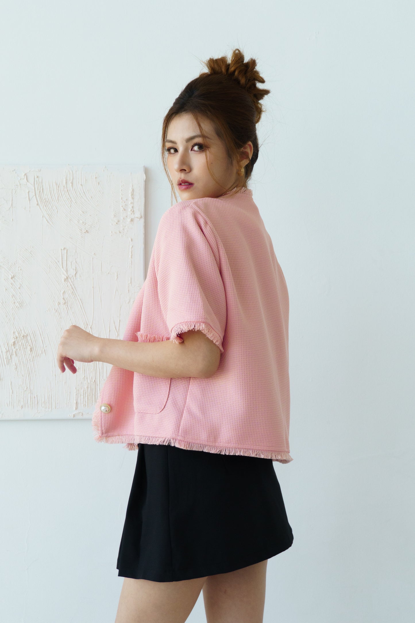 Frayed Edge Tweed Top (Light Pink)