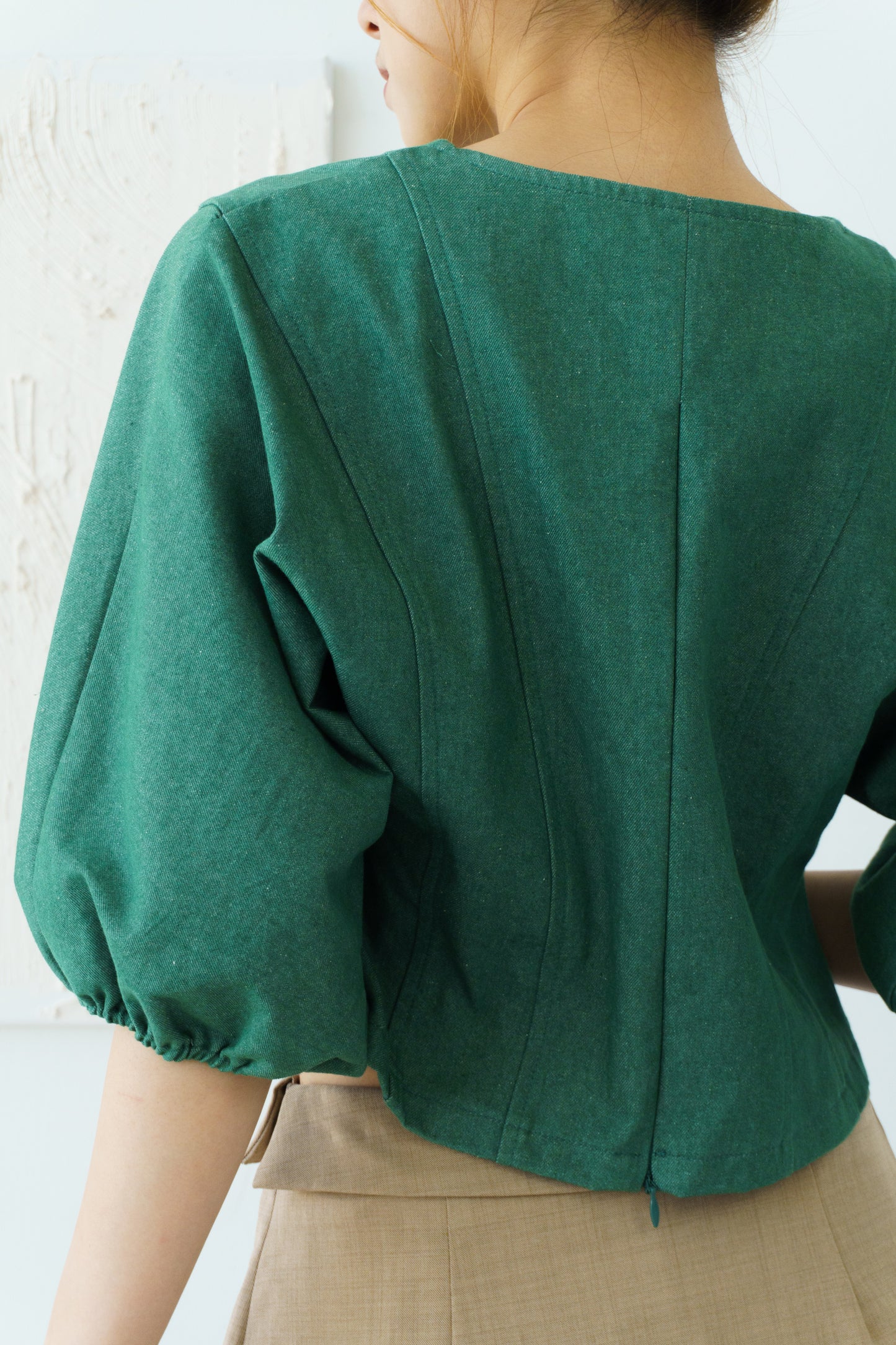 Puff Sleeve Denim Top (Green)