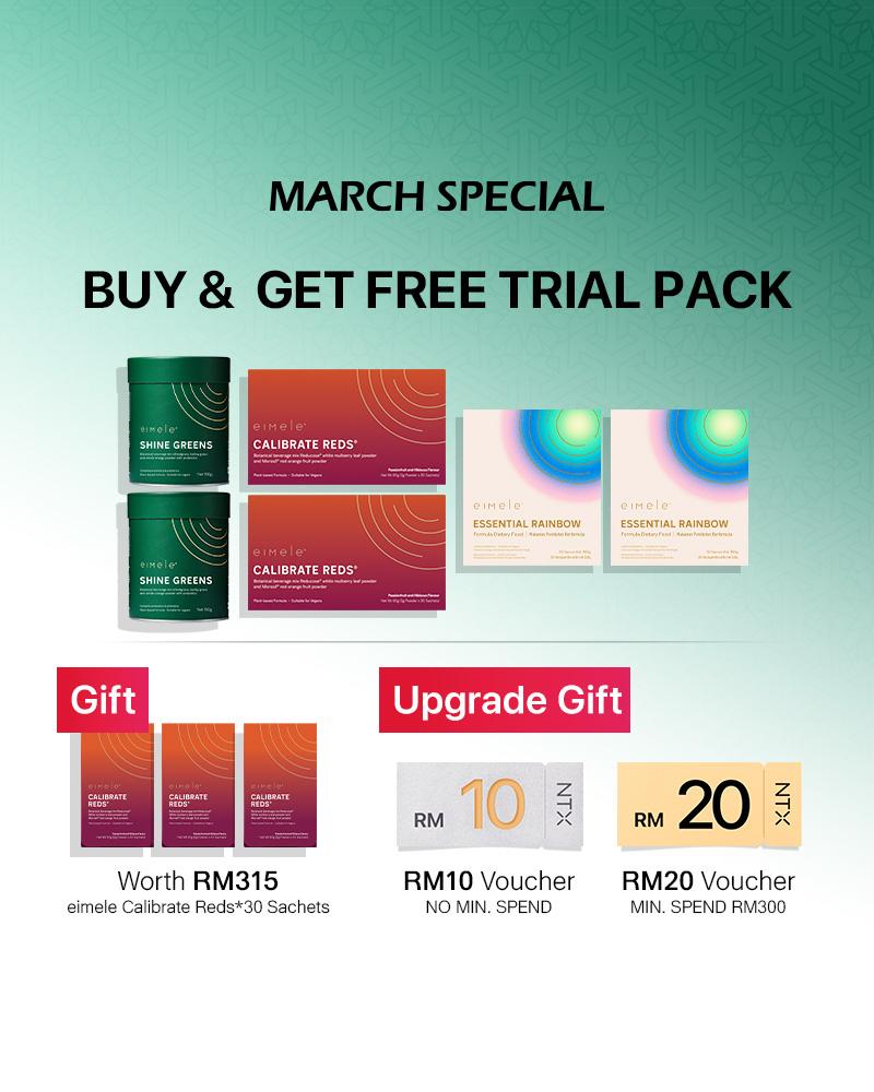 【Member Upgrade】eimele Calibrate Reds*2 packs + Shine Greens Home Edition*2 tins + Essential Rainbow*2 packs + Free Reds*30 sachets + Upgrade Gift: RM30 voucher pack