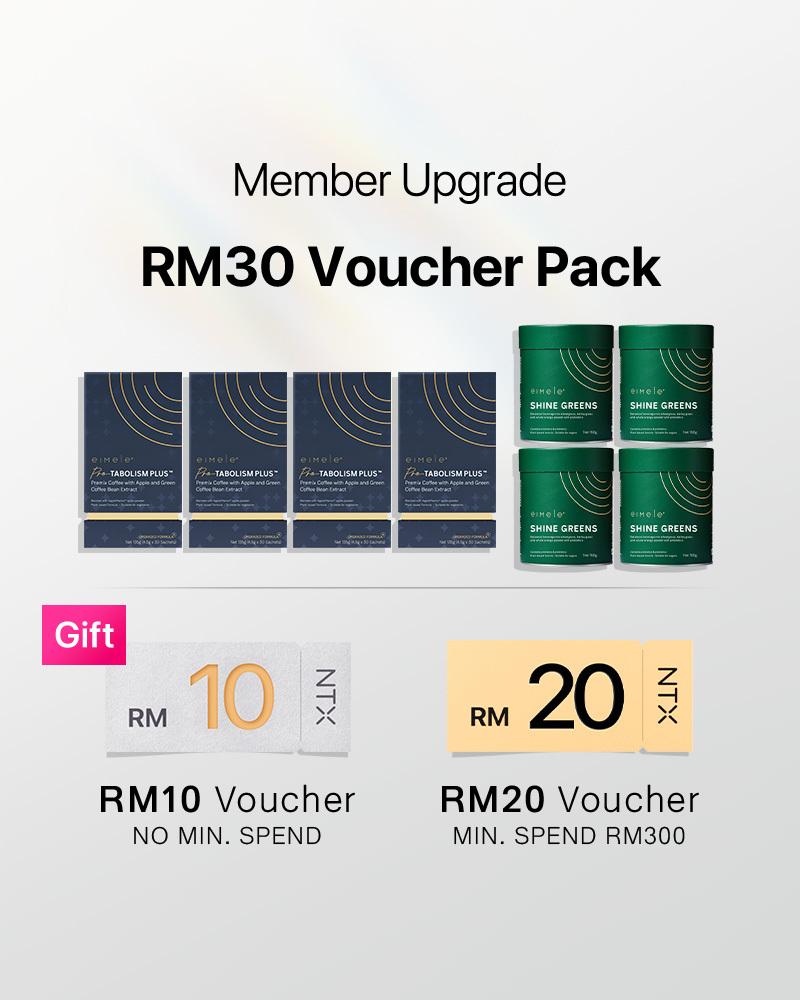 【Member Upgrade】eimele Coffee Pro*4 packs + Shine Greens Home Edition*4 tins Free RM30 voucher pack