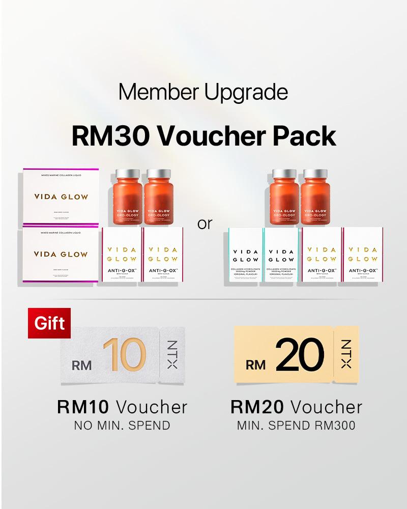【Member Upgrade】Vida Glow Collagen Powder/Liquid*2 + Anti-G-Ox*2 + Gro-Ology*2 Free RM30 voucher pack