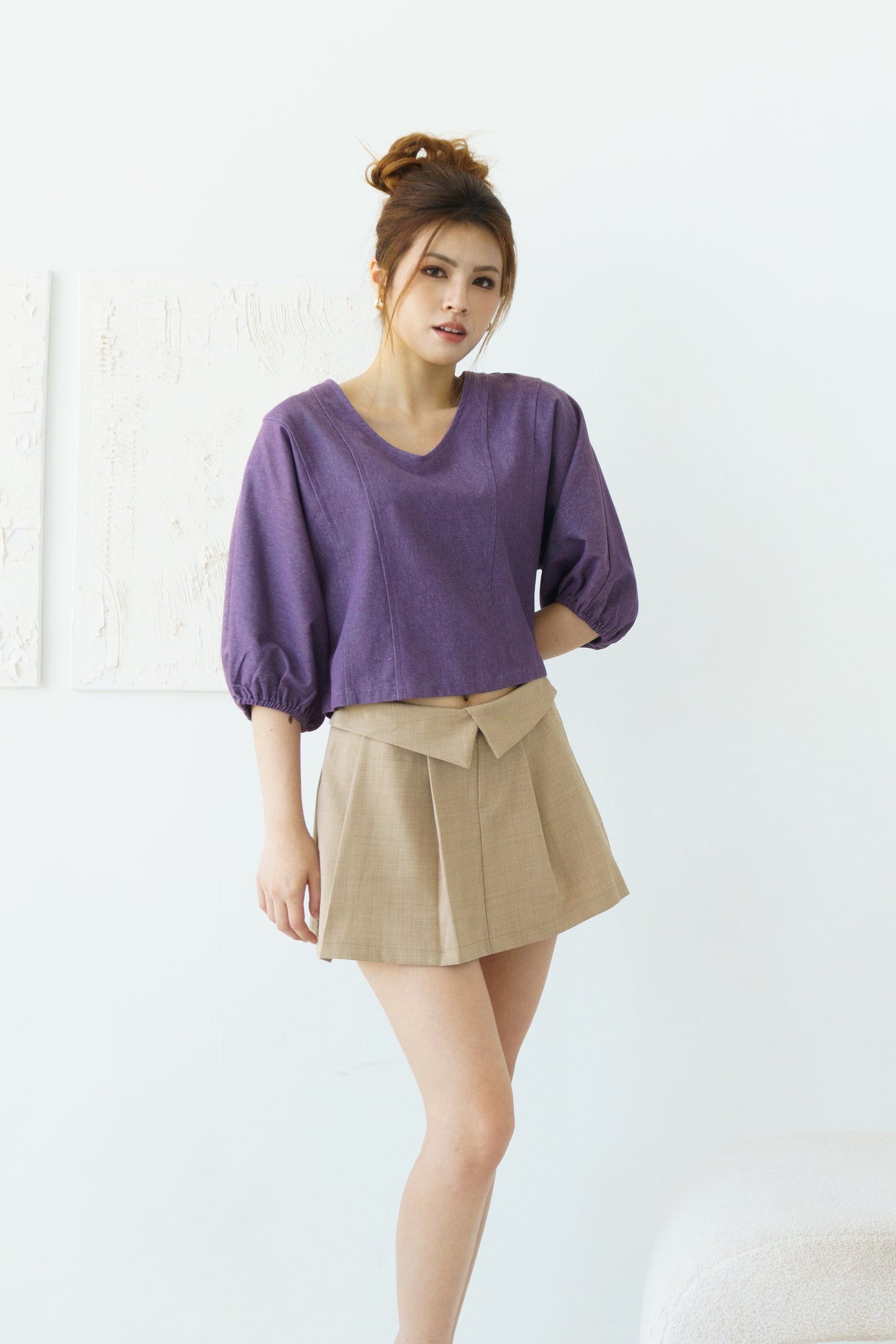Puff Sleeve Denim Top (Purple)