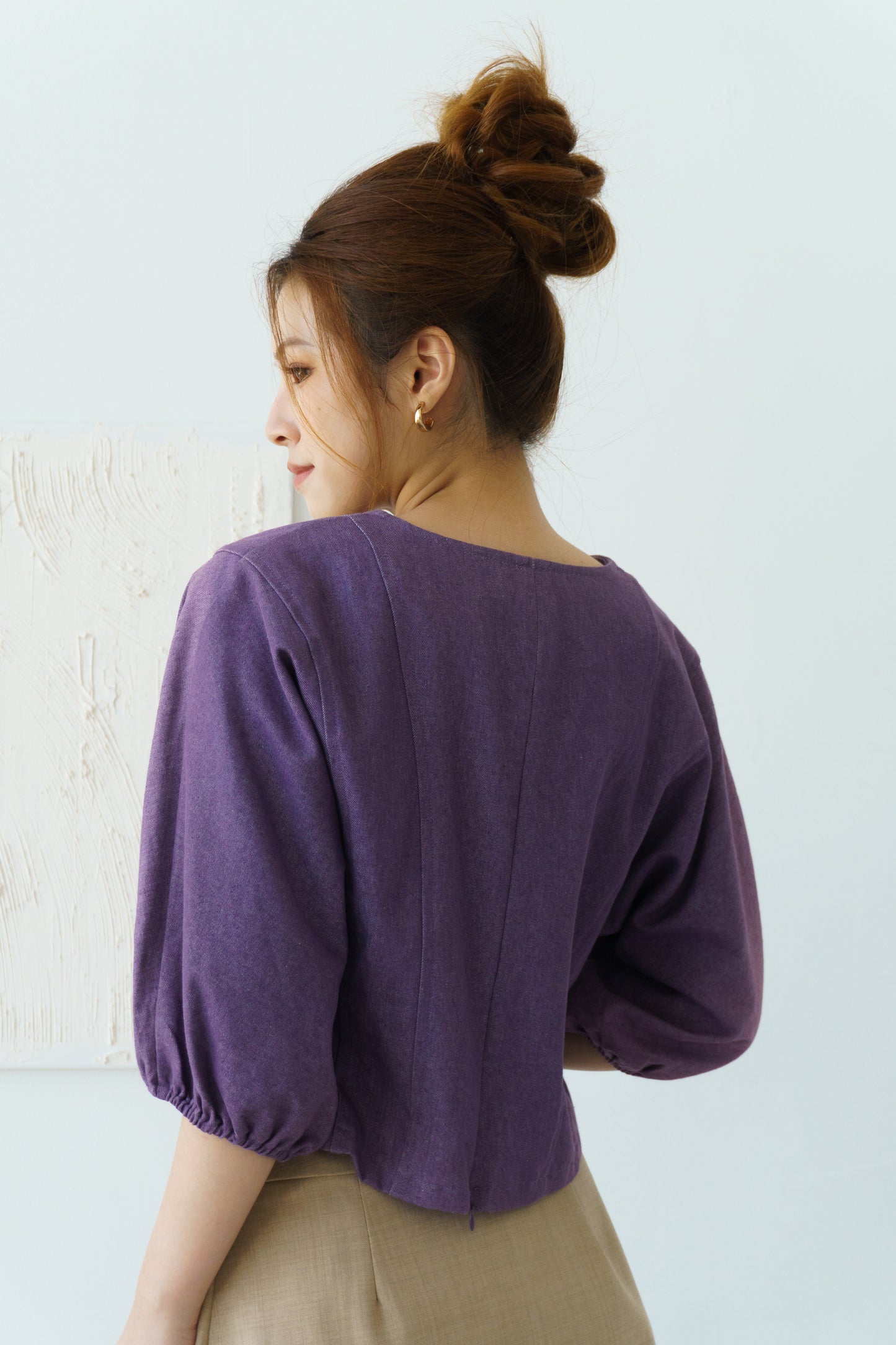 Puff Sleeve Denim Top (Purple)