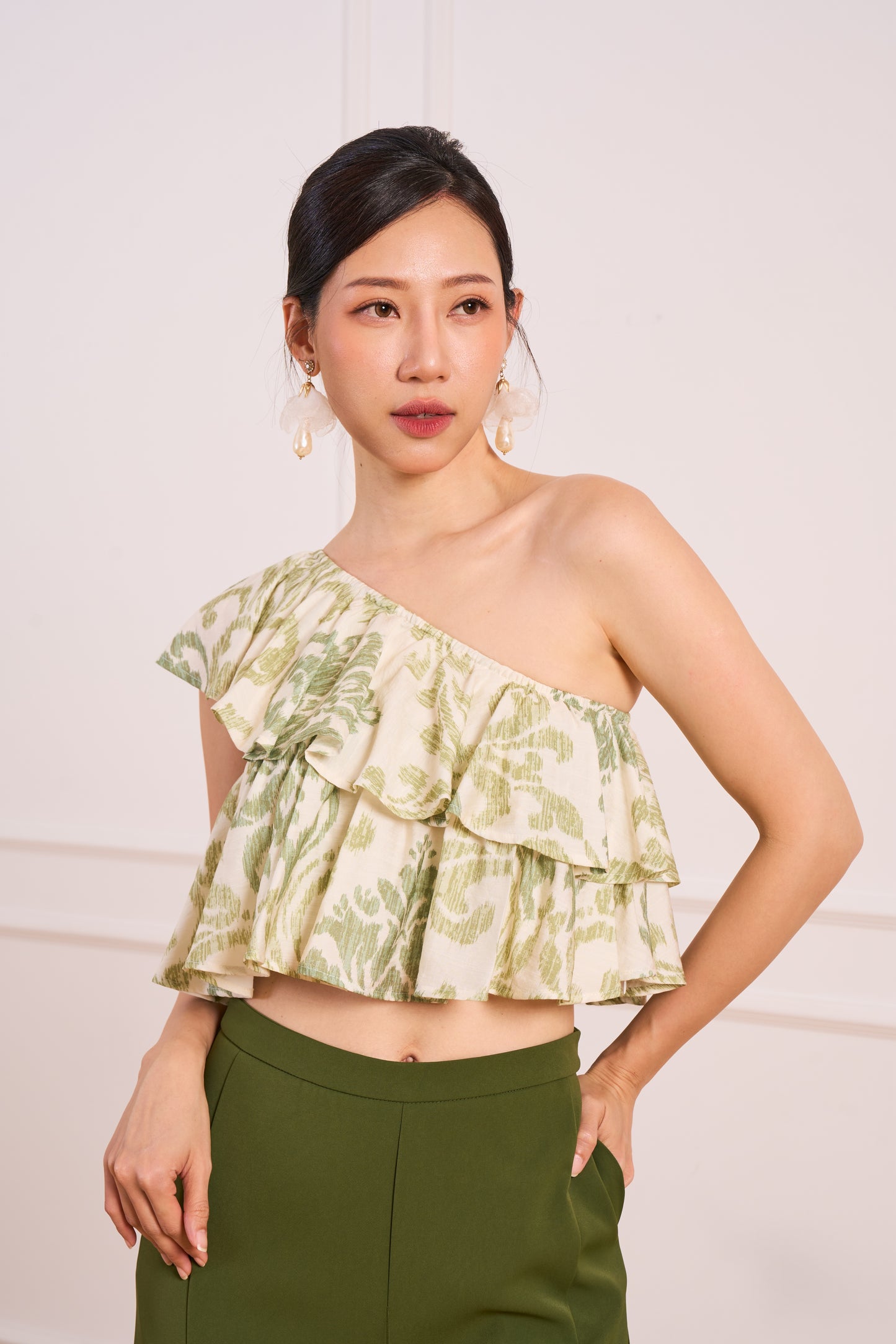 Floral One-Shoulder Top(Green) | Pre-Order