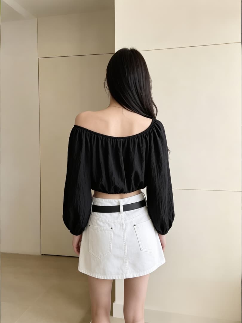 Off-Shoulder Ballon Sleeve Top (Black)