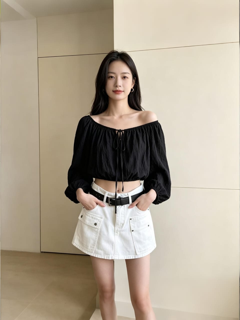 Off-Shoulder Ballon Sleeve Top (Black)
