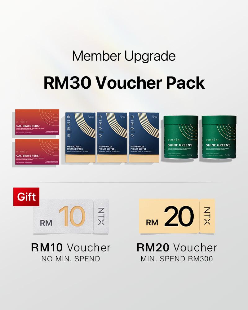 【Member Upgrade】eimele Calibrate Reds*2 packs + Coffee*3 packs + Shine Greens Home Edition*2 tins Free RM30 voucher pack