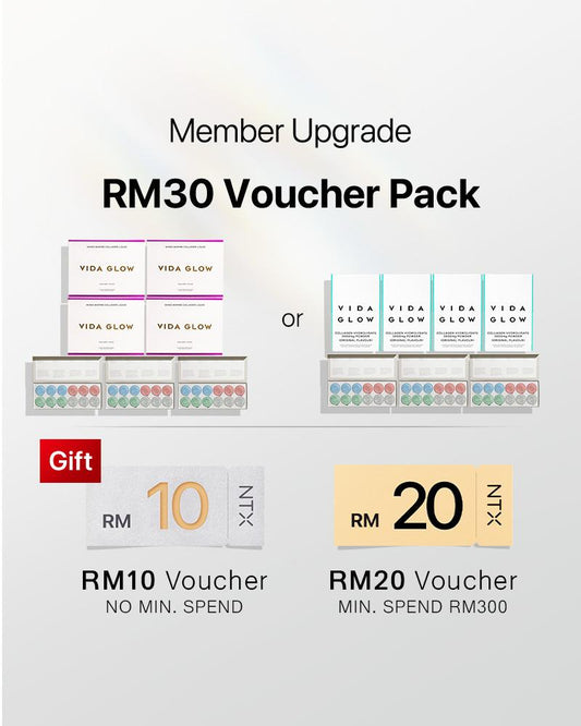 【Member Upgrade】Vida Glow Collagen Powder/Liquid*4 + Vegan Collagen Mask*3 Free RM30 voucher pack
