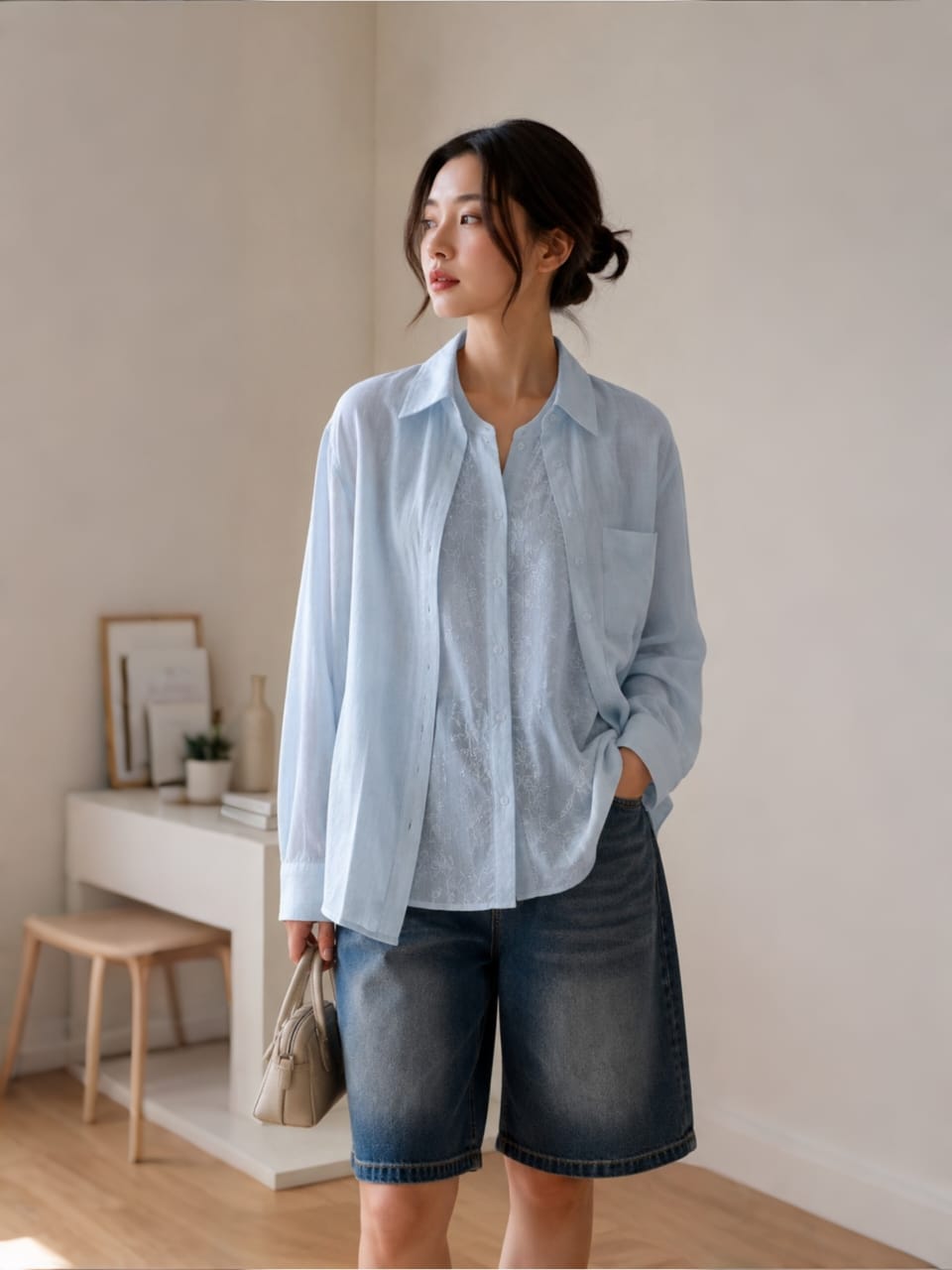 Embroidered Linen Top (LightBlue)