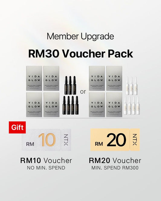 【Member Upgrade】Vida Glow Pro Collagen+*30 sachets/pack*4 + Anti-Aging/Ultra Bright Serum 1.2ml*7 Ampoules Free RM30 Voucher Pack