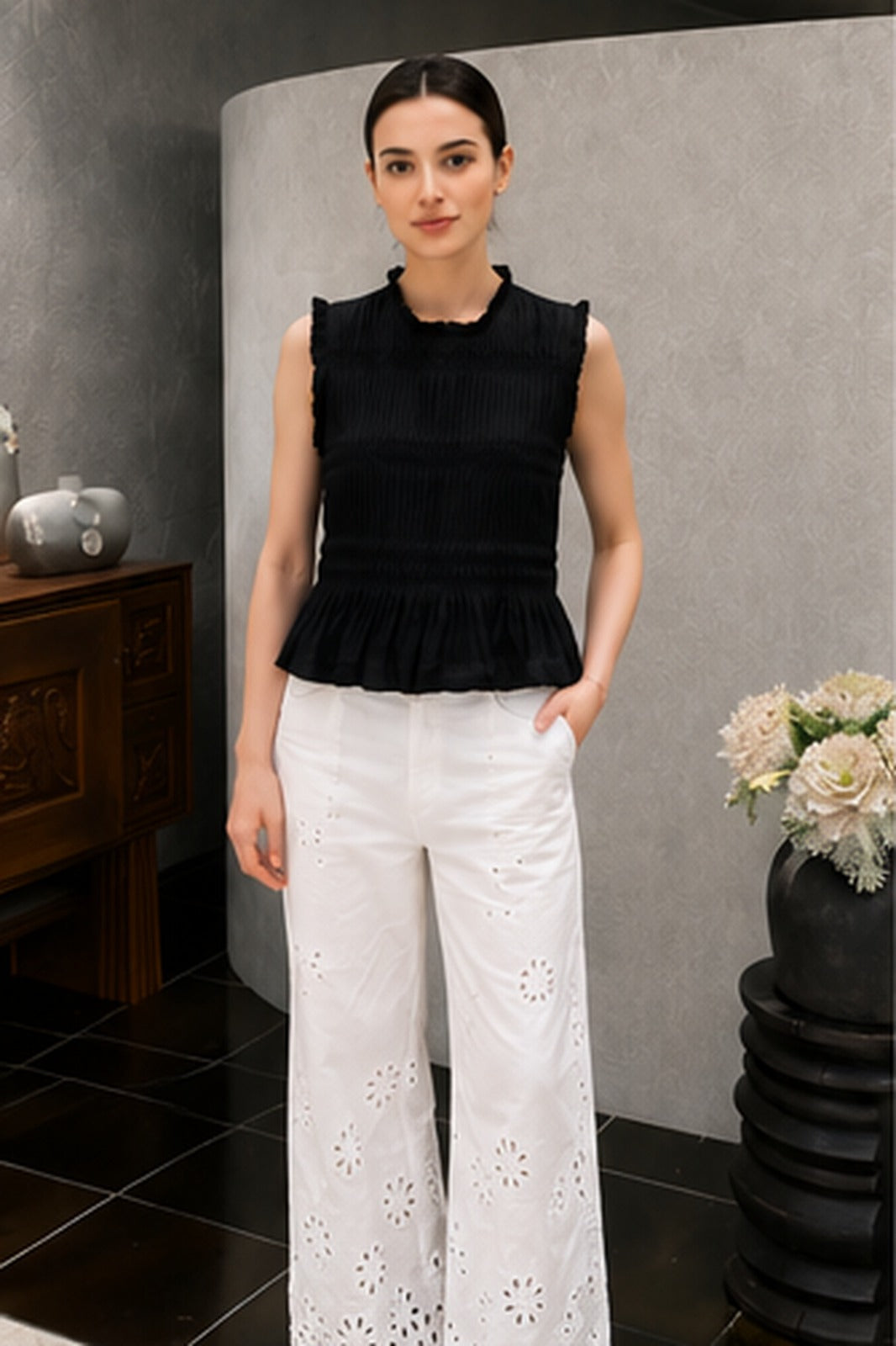 Linen Pleated Top(Black)