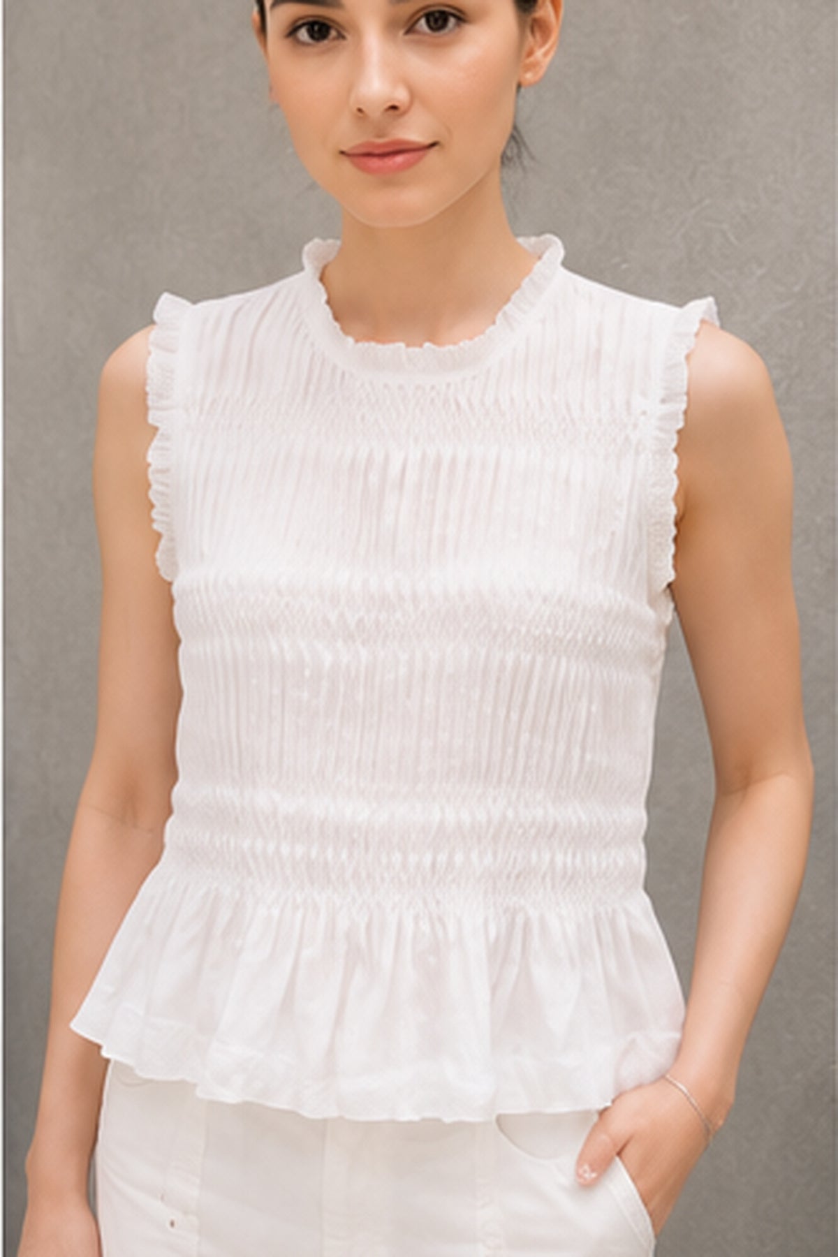 Linen Pleated Top(White)